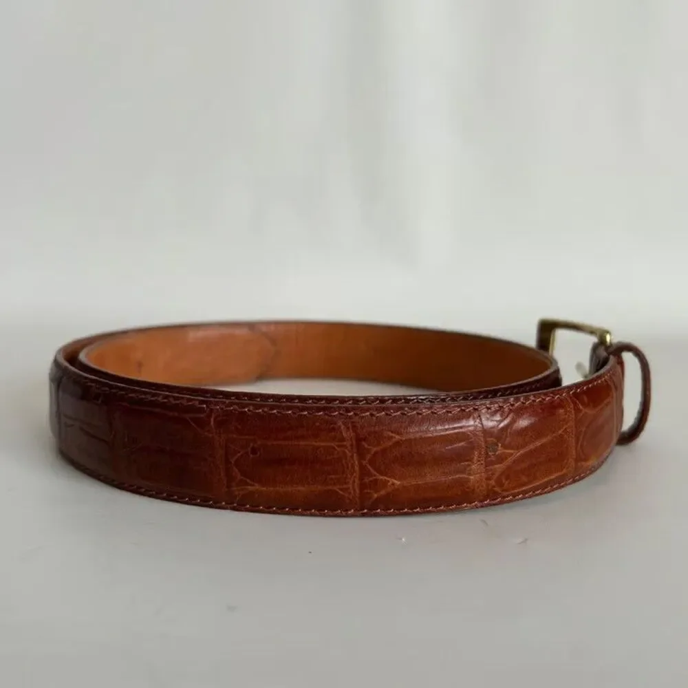 Mens Brown Leather Belt Crocodile Embossed Top Grain Cowhide Gold Buckle Size 38